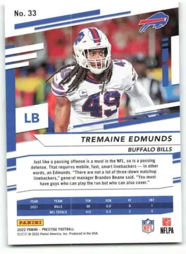 NFL Trading Card of Tremaine Edmunds in White Jersey - Panini Prestige Original Gloss