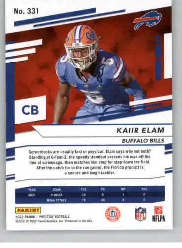 Football trading card of Kaiir Elam from 2022 Panini Prestige with original gloss