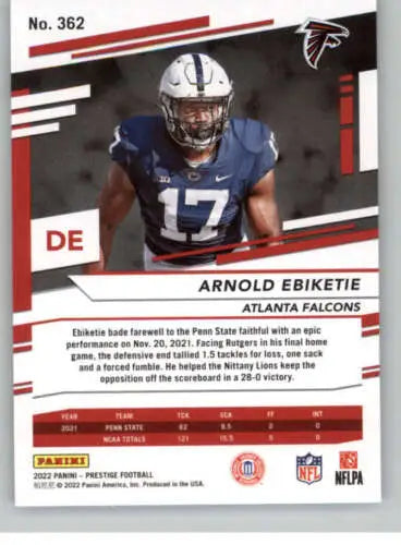 Arnold Ebiketie Panini Prestige football card showcasing original gloss rookie design