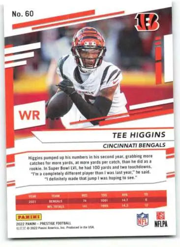 2022 Panini Prestige #60 Tee Higgins football card with original gloss, NM-MT condition