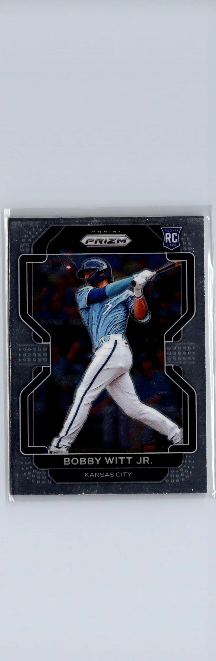 2022 Panini Prizm Bobby Witt Jr. baseball card showing Bobby Witt action shot