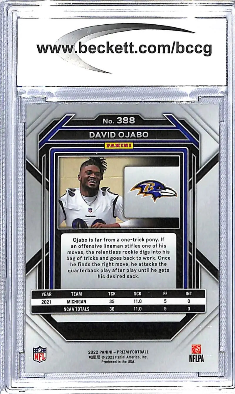Back side of Panini Prizm David Ojabo Baltimore Ravens trading card with stats and logo