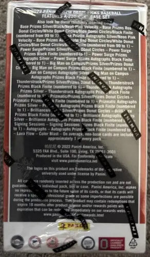 Baseball card blaster box featuring Panini Prizm Draft Picks with features list
