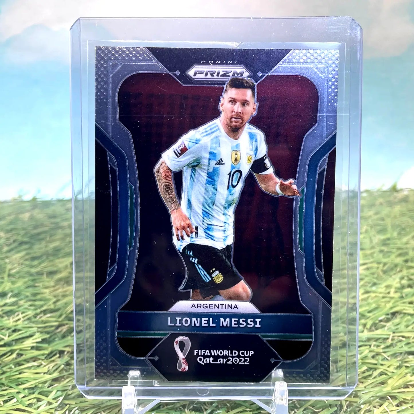Lionel Messi 2022 Panini Prizm FIFA World Cup Qatar Soccer card featuring Argentina