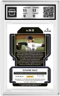 Graded Shane Baz baseball card from 2022 Panini Prizm Prizm Shane Baz purple auto
