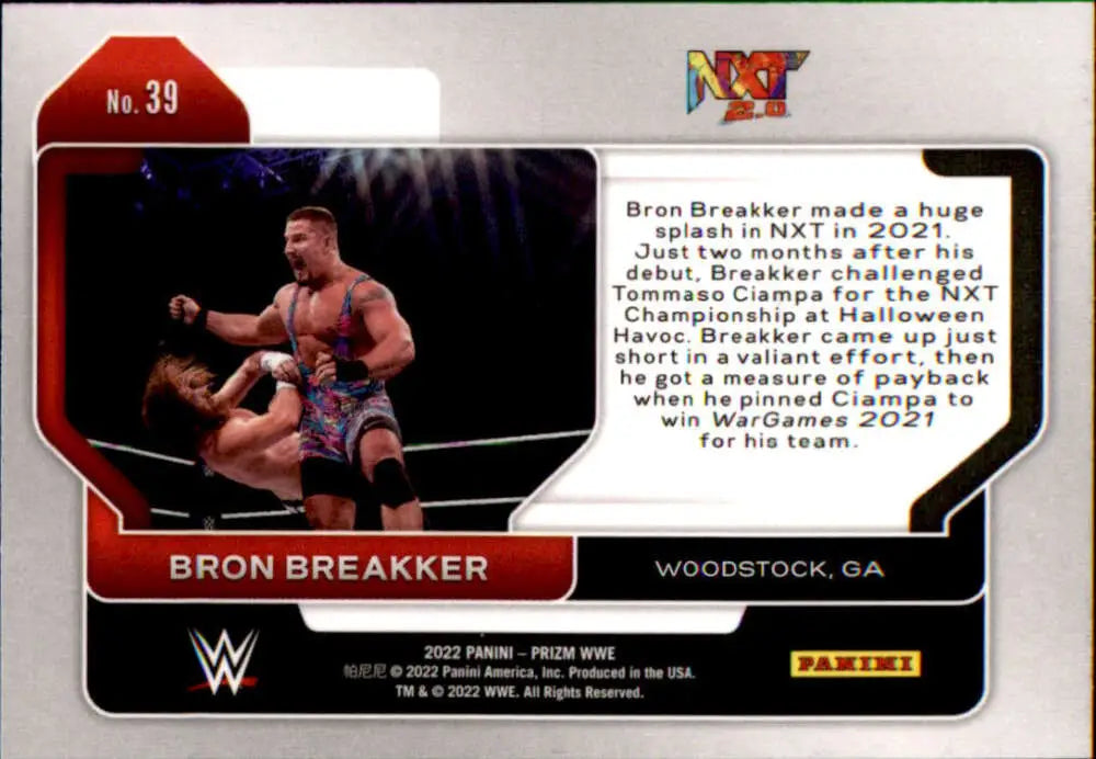 WWE trading card featuring Bron Breakker in a wrestling pose from Panini Prizm WWE