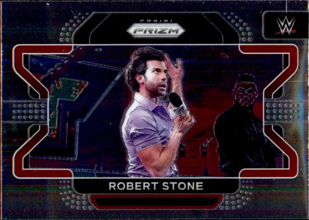 WWE Prizm trading card of Robert Stone in a purple shirt with hand gesture