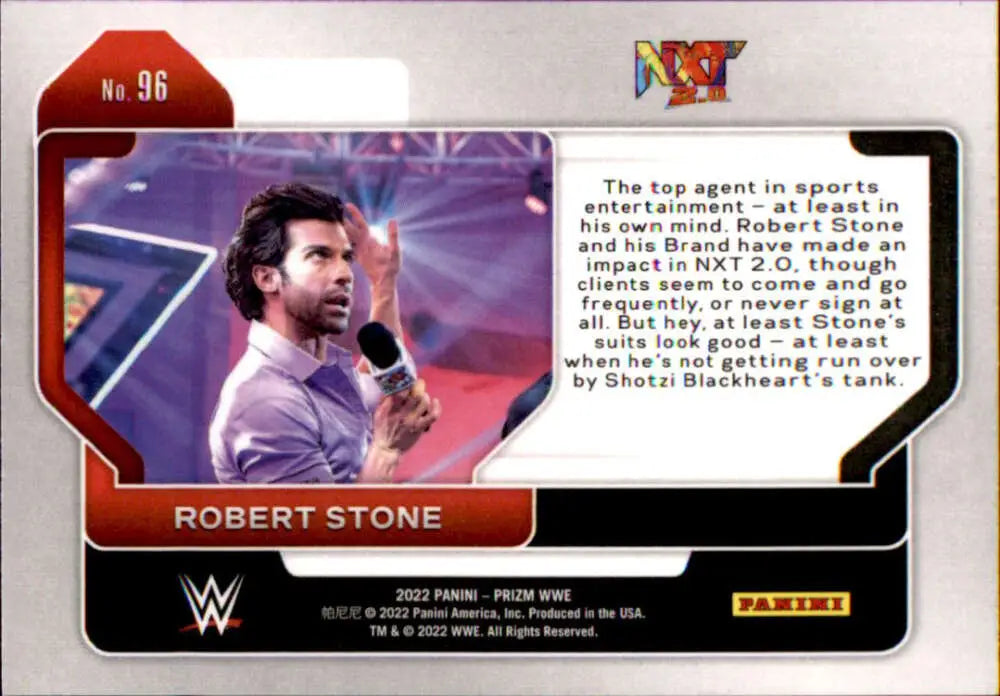 WWE trading card of Robert Stone in red border, part of Panini Prizm WWE collection