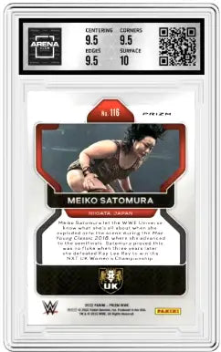 Graded Meiko Satomura wrestling card from 2022 Panini Prizm WWE series featuring Ruby Wave design