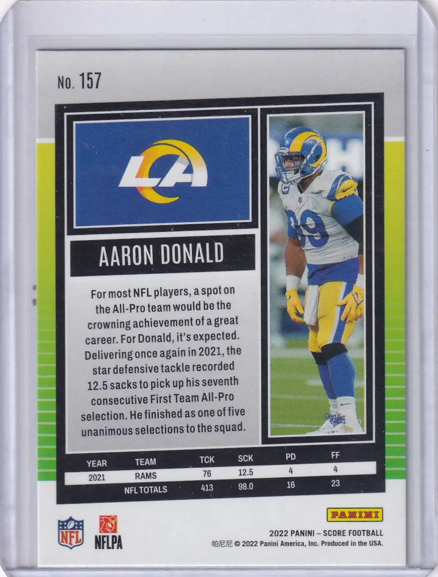 2022 Panini Score Aaron Donald Los Angeles Rams football card displayed in Showcase #157