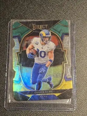 Cooper Kupp football card featuring 2022 Panini Select Prizm Die Cut Green and Yellow design