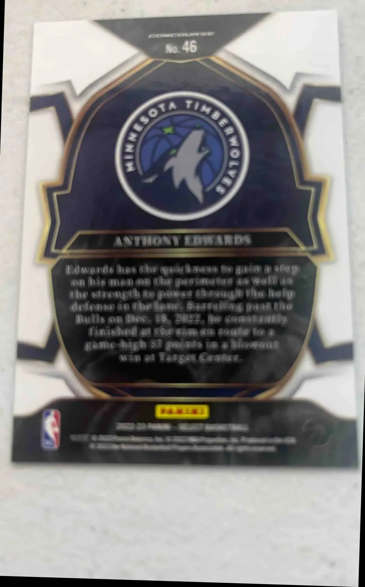 Back of 2022 Panini Select Anthony Edwards Blue trading card featuring Timberwolves logo