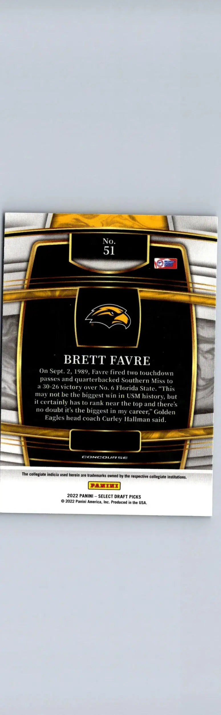 Brett Favre trading card from 2022 Panini Select Draft Picks collection