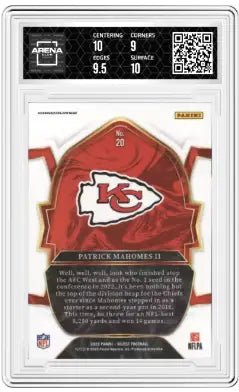 Graded Panini Select Patrick Mahomes II football card displayed in 2022 Panini Select product