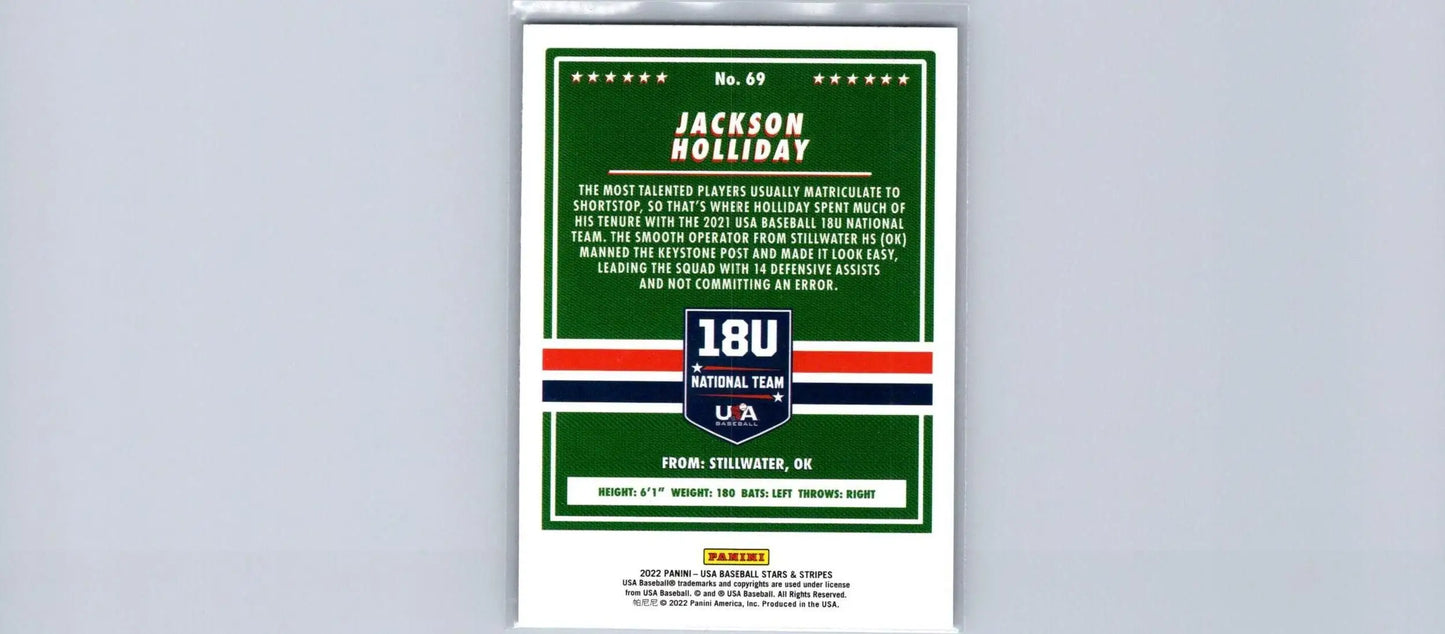 Jackson Holliday baseball card from 2022 Panini USA Baseball Longevity series