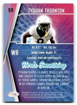 Tyquan Thornton Football Card from 2022 SAGE #99 Trading Cards Collection