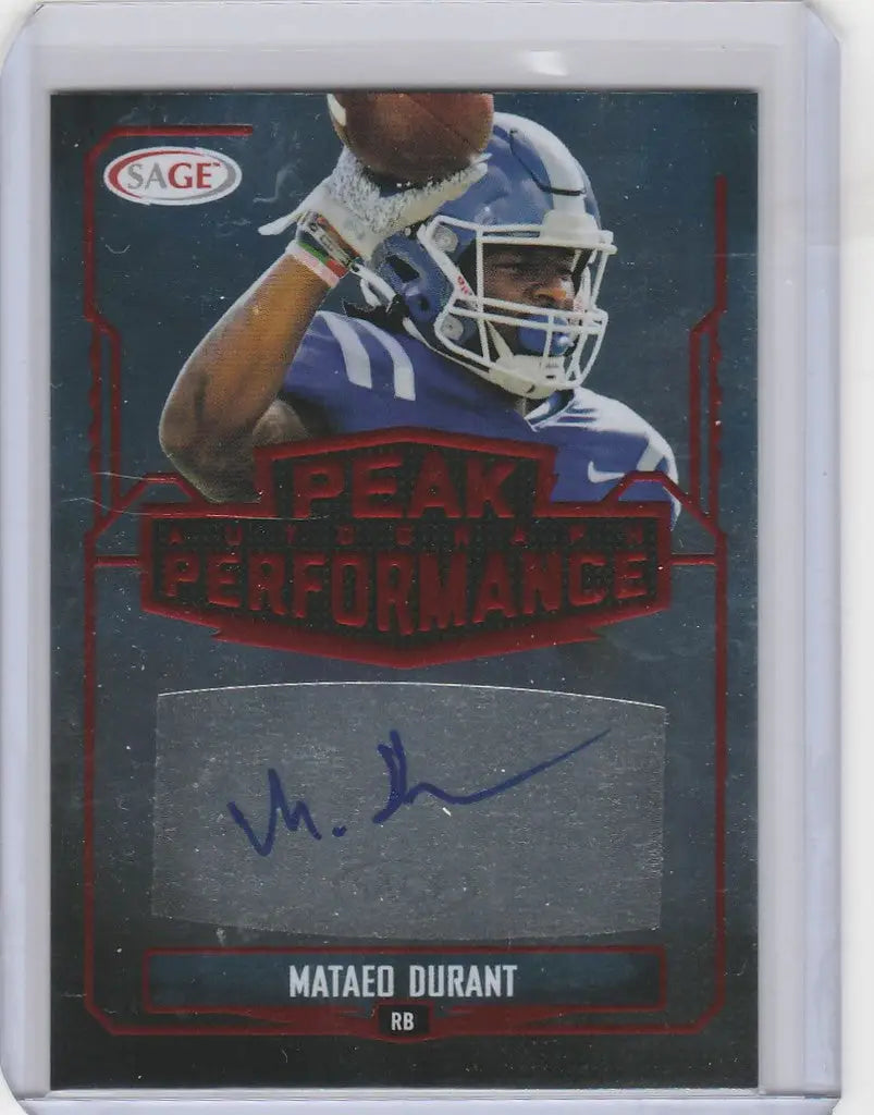 Football trading card of Mataed Durant Duke in blue uniform from Sage Auto Peak