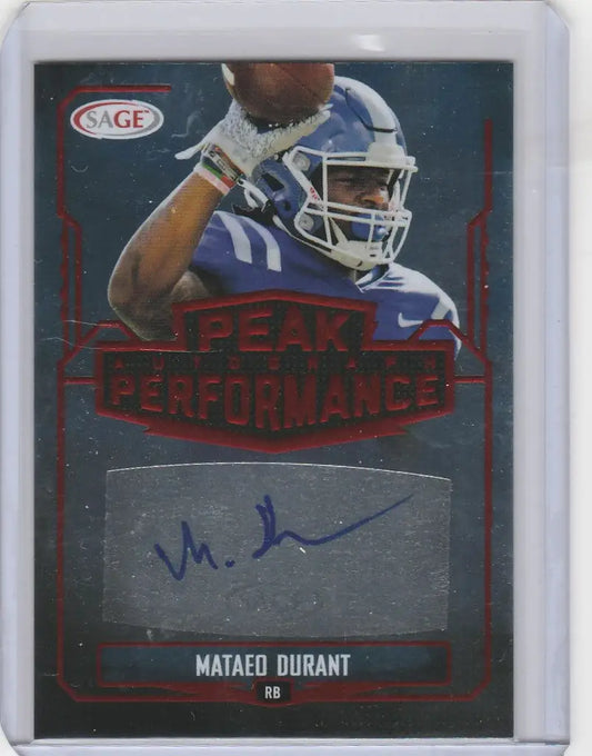 Football trading card of Mataed Durant Duke in blue uniform from Sage Auto Peak