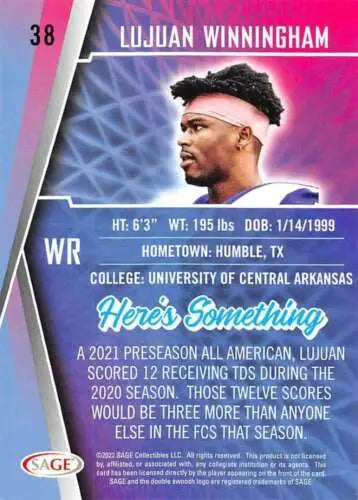Football trading card of Lujuan Winningham, University of Central Arkansas, original gloss finish