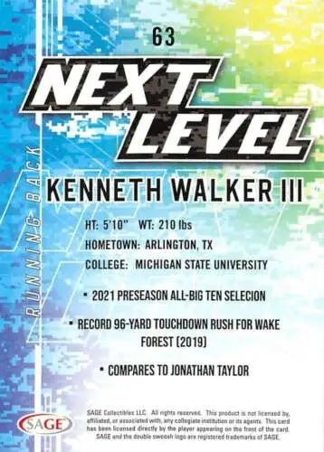 Football trading card of Kenneth Walker III with holographic background and original gloss