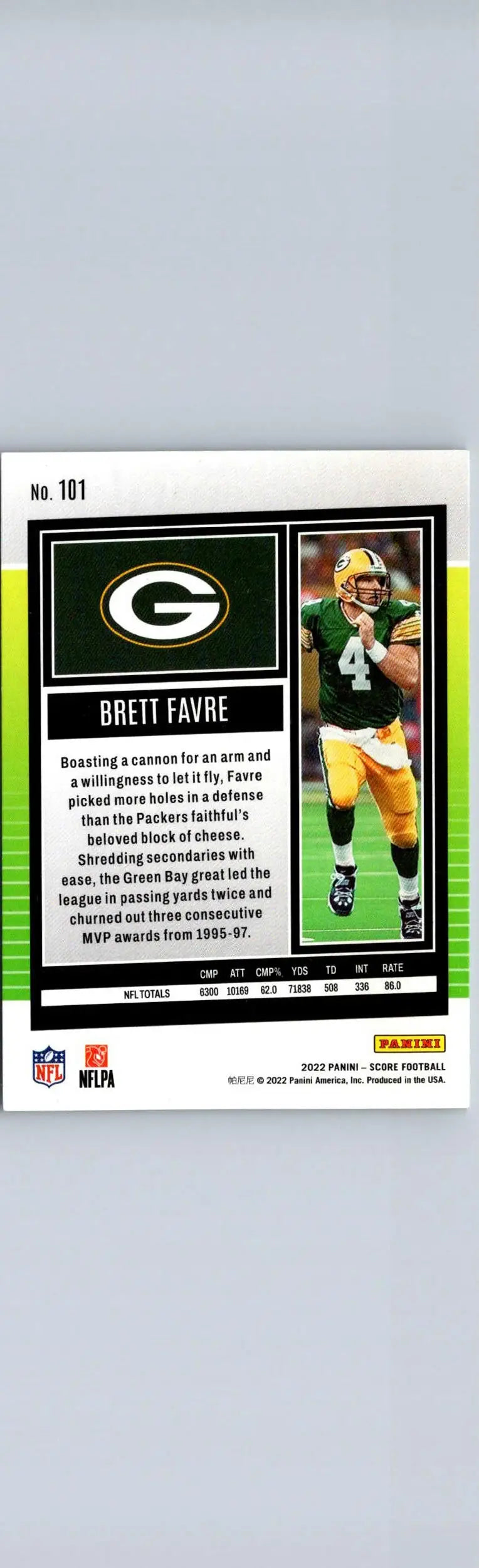 2022 Score Brett Favre football card for collectors and sports memorabilia fans