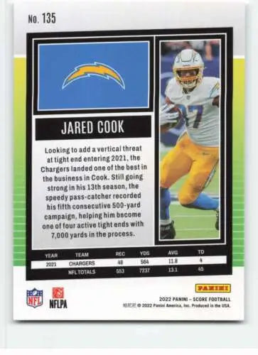 Jared Cook football card from 2022 Score with original gloss, LA Chargers