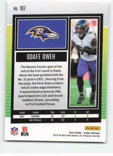 Odafe Oweh football card 2022 Score #187 with original gloss for Ravens fans