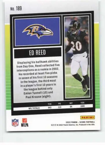 2022 Score #189 Ed Reed football card with original gloss, Ravens collectible NM-MT
