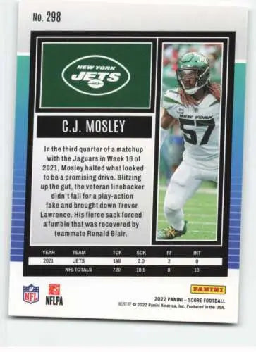 C.J. Mosley 2022 Score #298 football card featuring original gloss, NM-MT condition