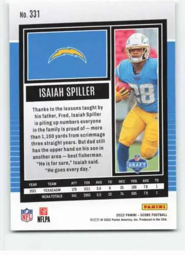 Isaiah Spiller football card 2022 Score #331 original gloss NM-MT RC LA Chargers
