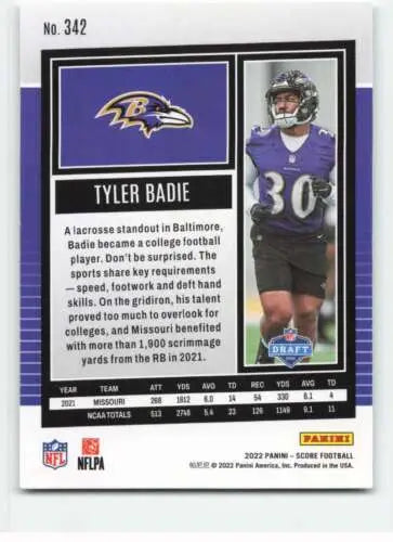 Tyler Badie football card 2022 Score RC original gloss Ravens Simply Sandoval