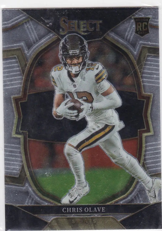Football trading card featuring Chris Olave in white uniform from 2022 Select Orleans Saints