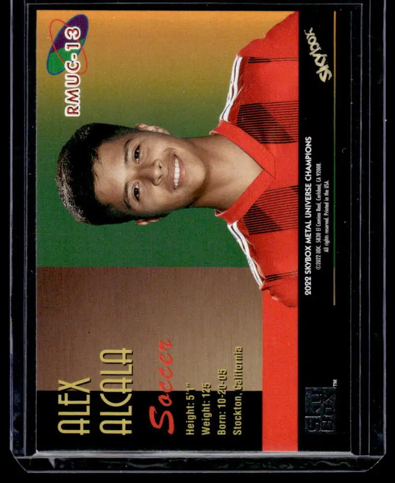 Soccer card of Alex Alcala in a red jersey, Skybox Metal Universe design