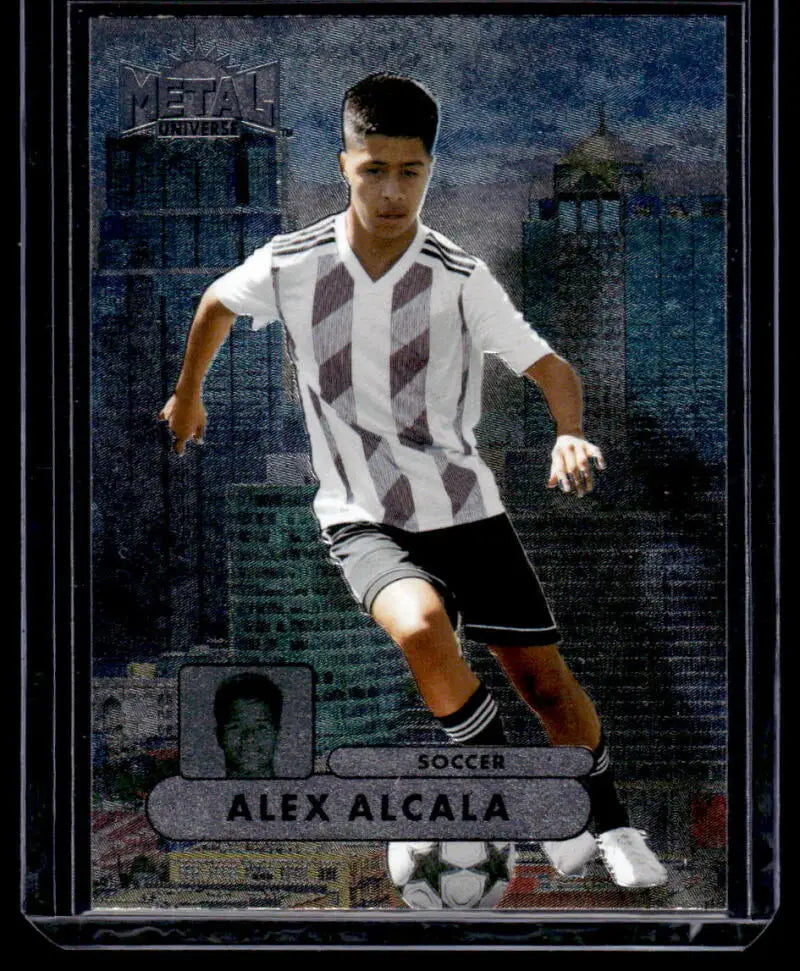 Soccer card of Alex Alcala in black and white stripes from Skybox Metal Universe
