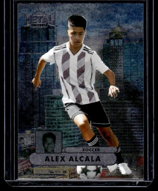 Soccer card of Alex Alcala in black and white stripes from Skybox Metal Universe