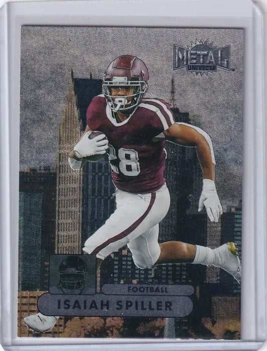 Football trading card of Isaiah Spiller in maroon jersey, Skybox Metal Universe design