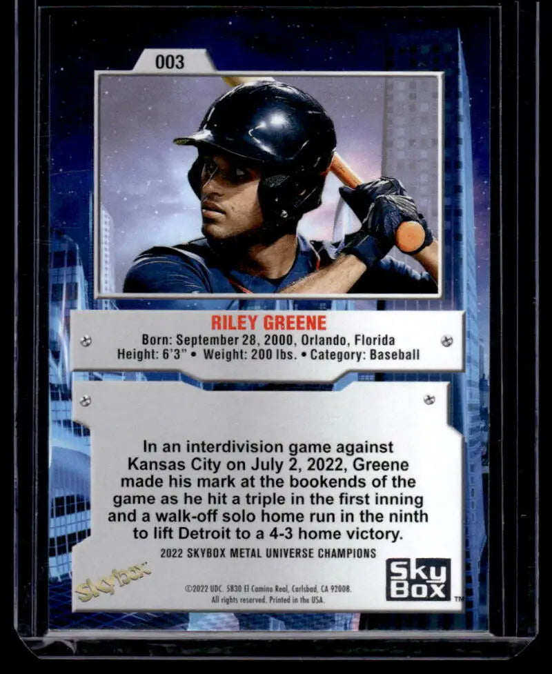 Baseball card of Riley Greene at bat in navy blue helmet from Skybox Metal Universe