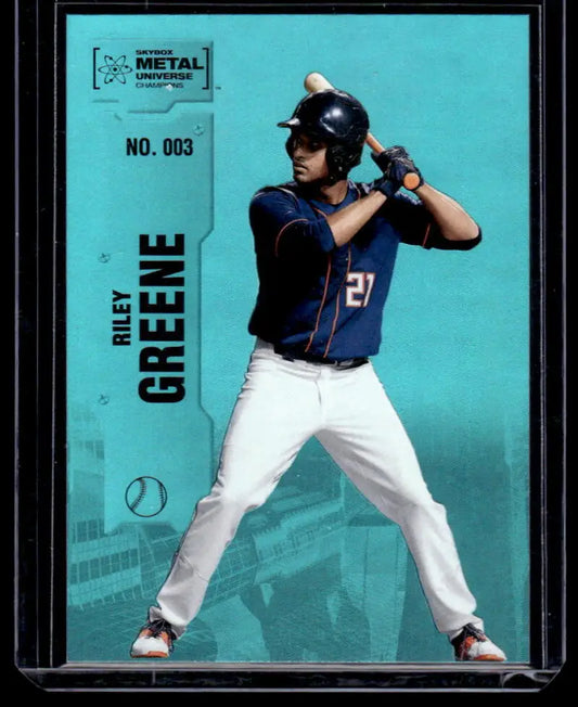 Riley Greene in navy jersey batting on 2022 Skybox Metal Universe Baseball Card