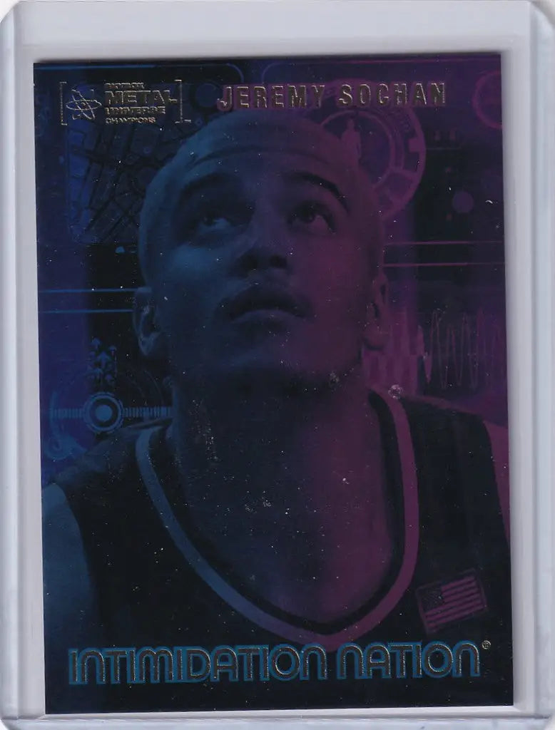 Holographic Skybox Metal Universe Champions card of Jeremy Sochan in purple and blue tones