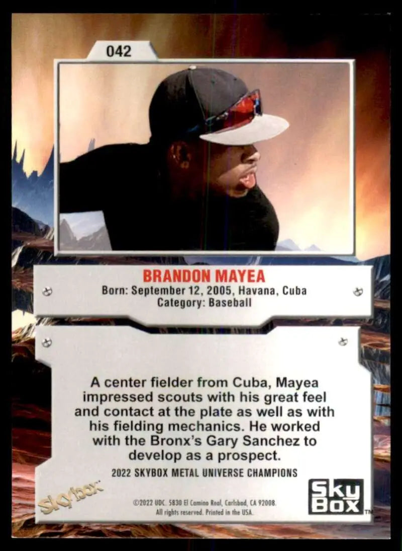Brandon Mayea Baseball Card from 2022 Skybox Metal Universe with black and white cap