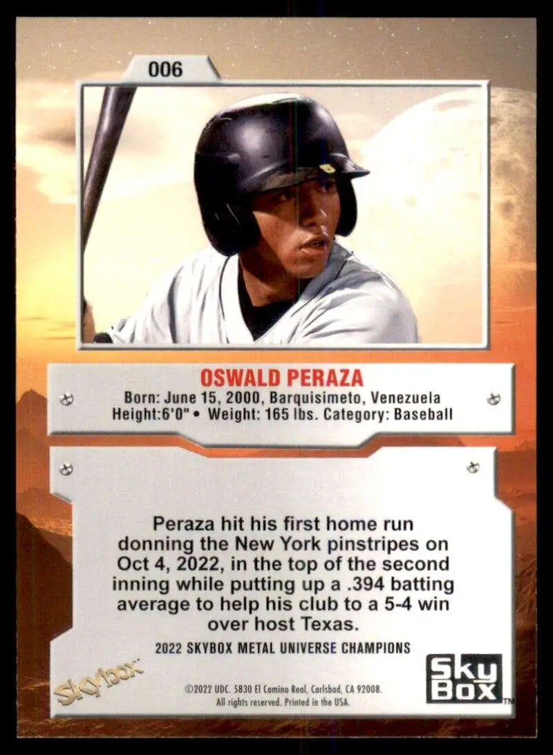 Baseball card of Oswald Peraza in white uniform from Skybox Metal Universe Champions