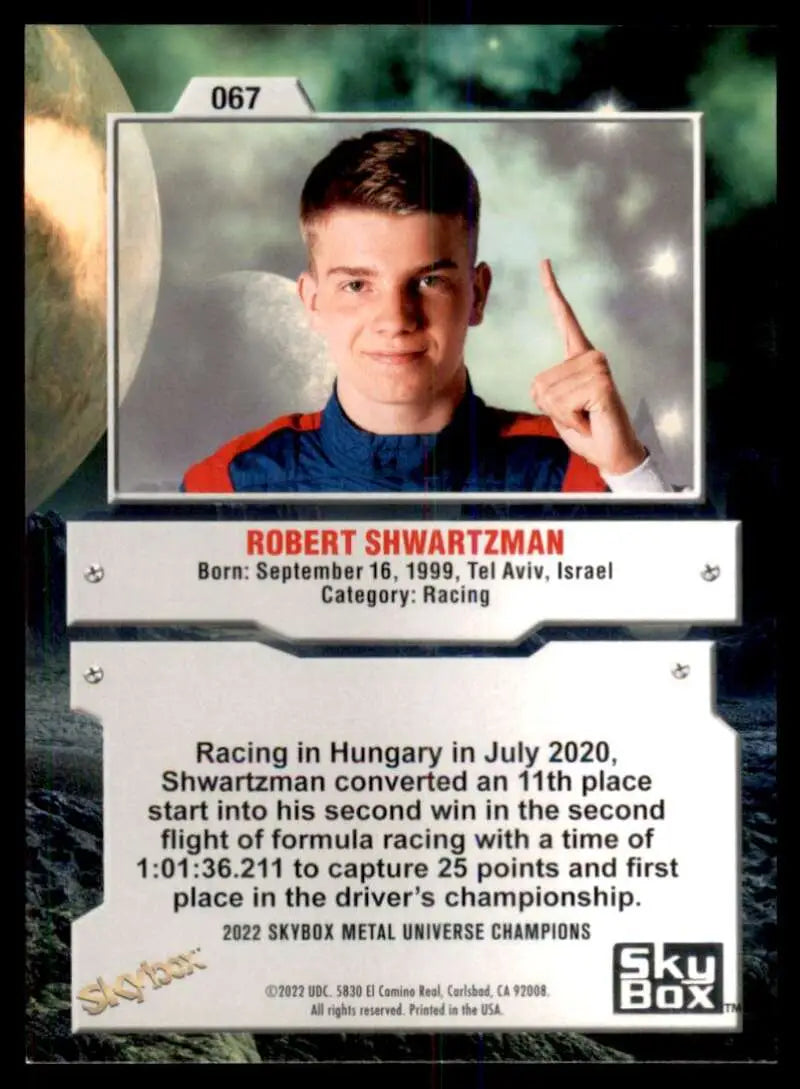 Racing card of Robert Shwartzman showcasing achievements in Skybox Metal Universe Champions
