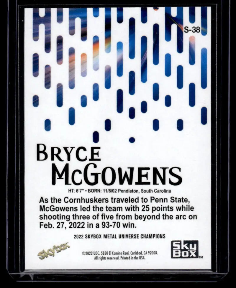 Basketball card featuring Bryce McGowens with blue raindrop pattern from Skybox Metal Universe