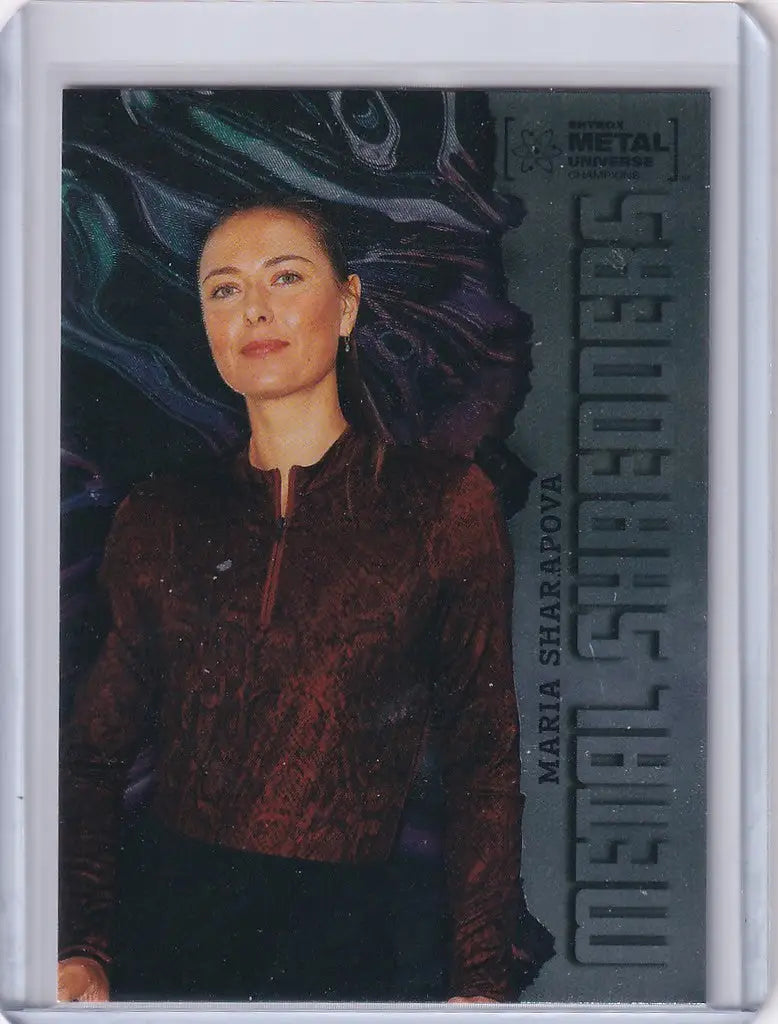Trading card of Maria Sharapova in burgundy jacket from Skybox Metal Universe Champions