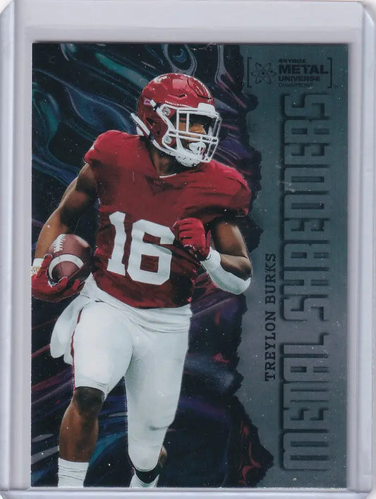 Football trading card of Treylon Burks in red jersey from Skybox Metal Universe Champions
