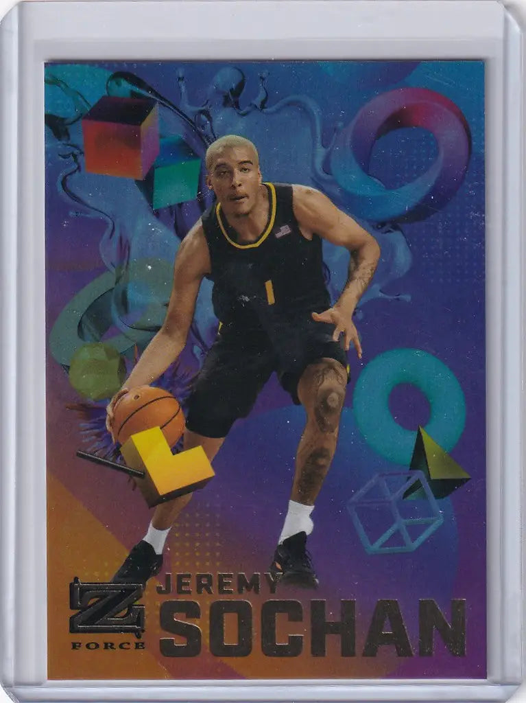 Basketball trading card of Jeremy Sochan dribbling in Skybox Metal Universe Champions design