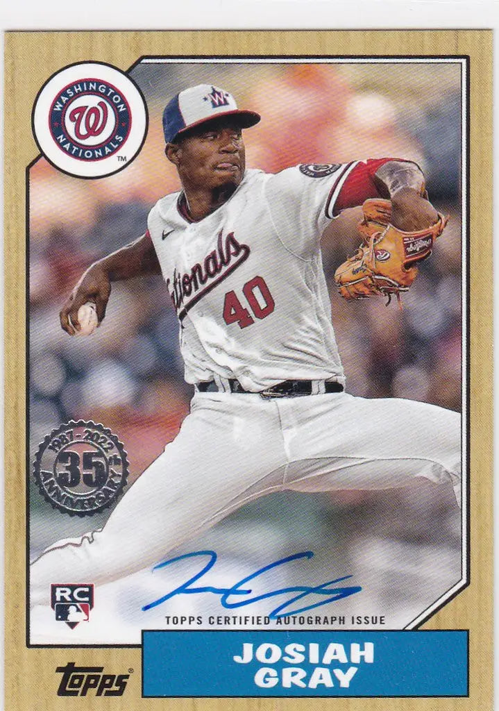 Baseball card of Josiah Gray Washington in mid-throw, 35th Anniversary Auto collectible