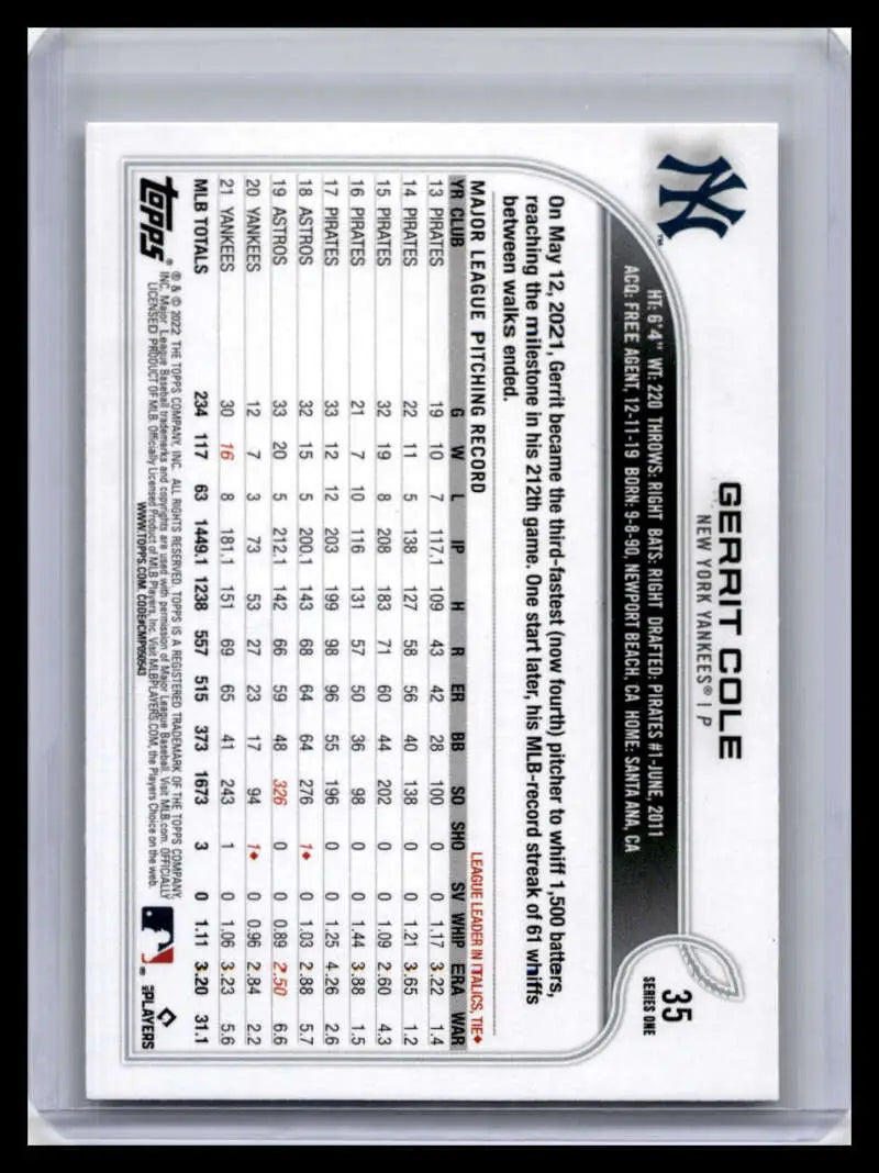Gerrit Cole Baseball Card with New York Yankees logo and player statistics displayed