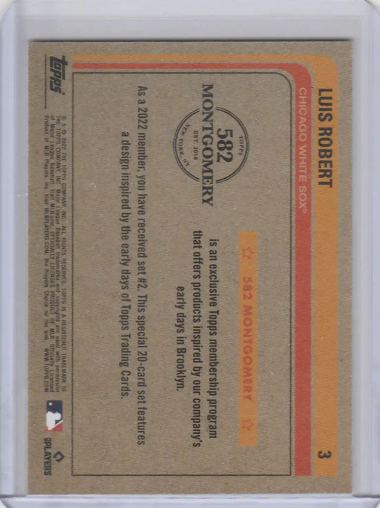 Baseball trading card from 2022 Topps Montgomery Club Set featuring Luis Roberts White Sox stats