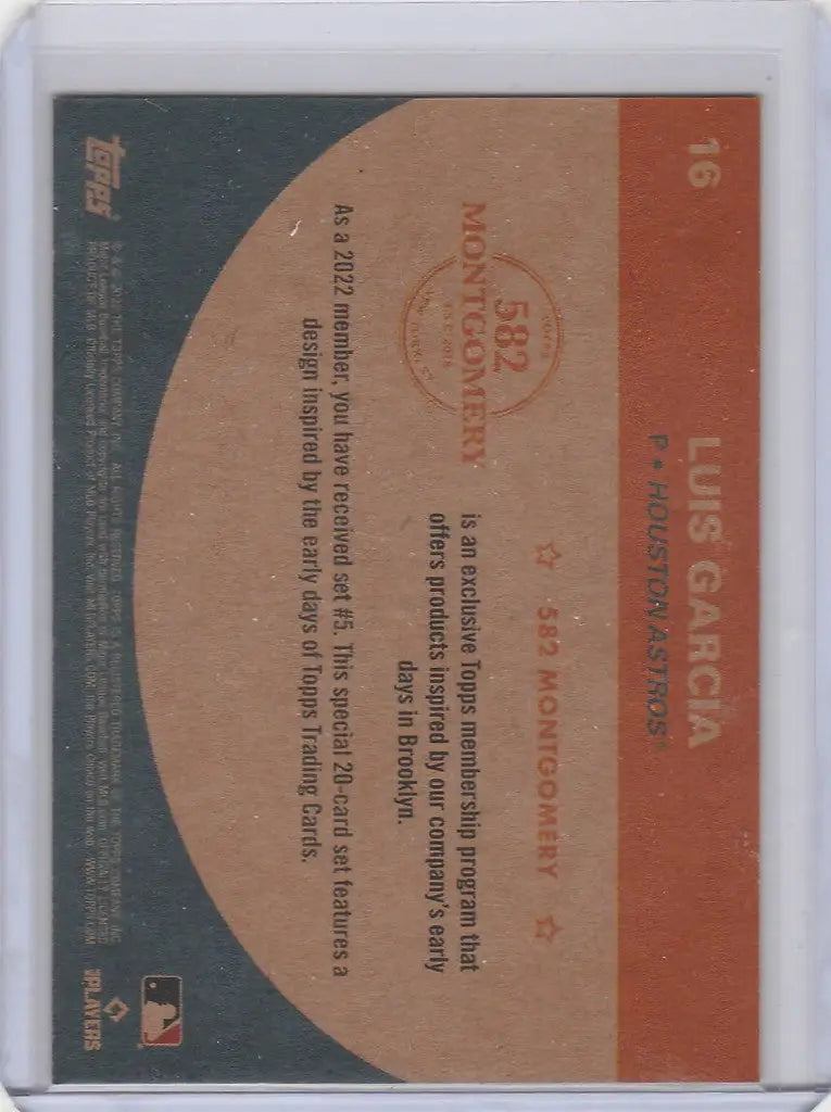 Back of 2022 Topps 582 Montgomery Set #5 #16 Luis Garcia Houston Astros card statistics
